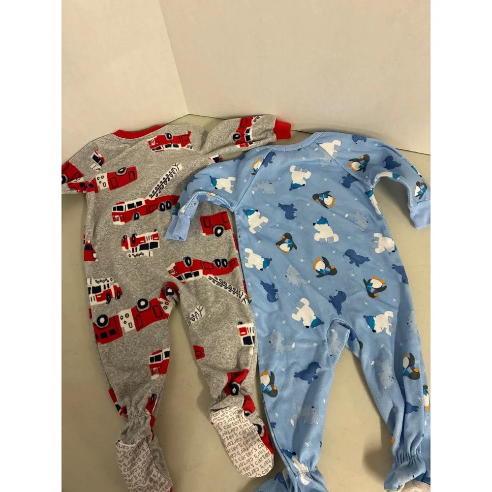 Carters 12M Fleece Footed Pajamas Set of 2 Fire Truck Polar Bear Blue Grey‎ PJs